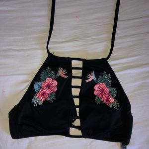 Halter Top VS Pink Flower Embroidery Bikini Top